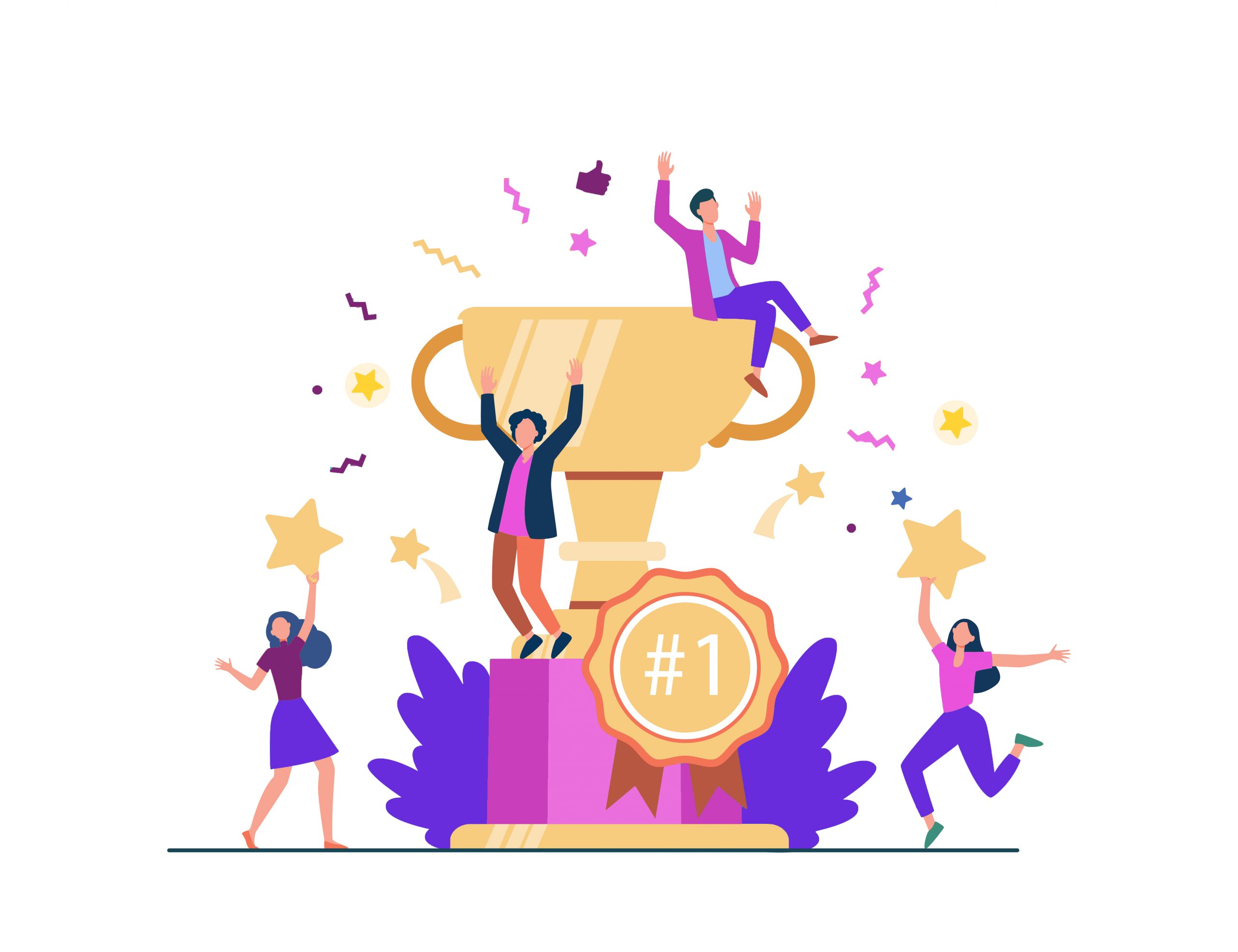 Team of happy employees winning award
