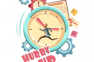 Time control retro cartoon design with running man on clock background schedule and grey gears vector illustration